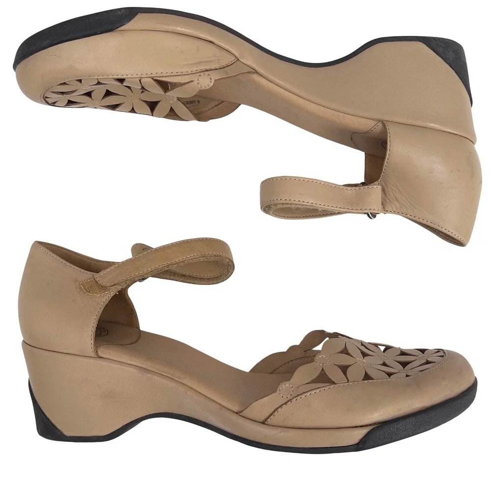 Nurture Women's Leather Ankle Strap Shoes Tan Floral Laser Cut Wedge 9M - Picture 7 of 10